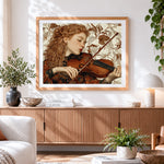 Finished vintage violinist cross stitch artwork displayed