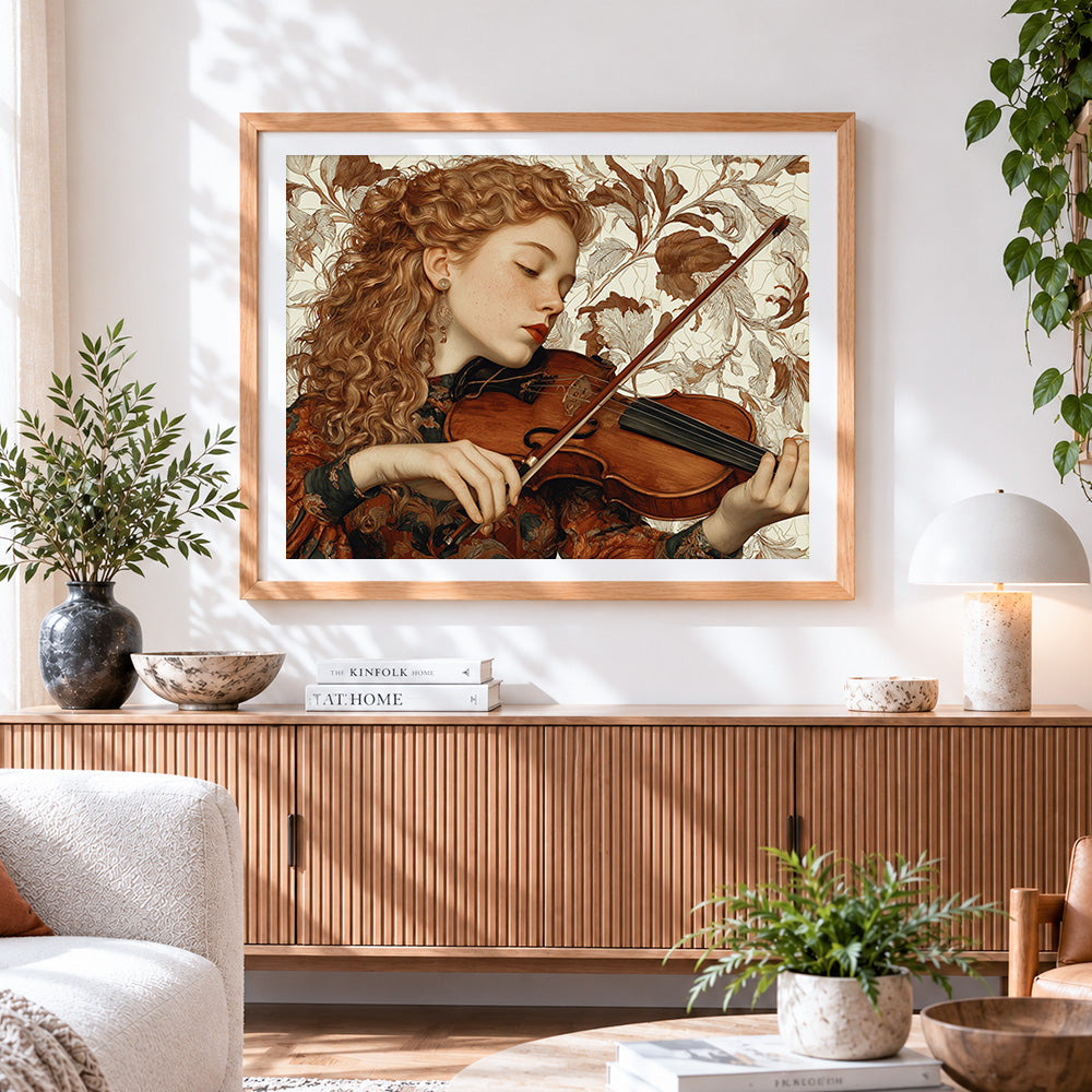 Finished vintage violinist cross stitch artwork displayed