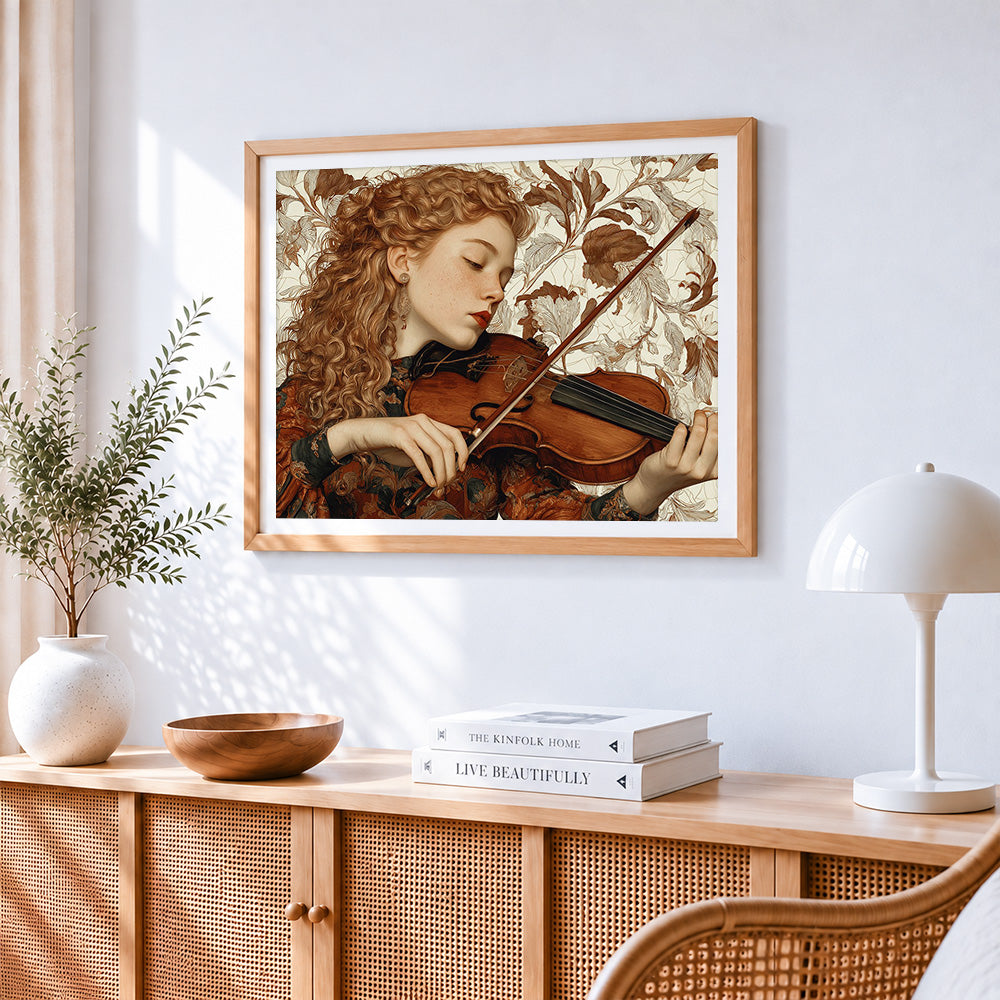Vintage violinist cross stitch artwork displayed on wall as home decor