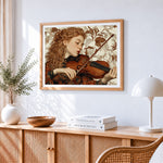 Vintage violinist cross stitch artwork displayed on wall as home decor