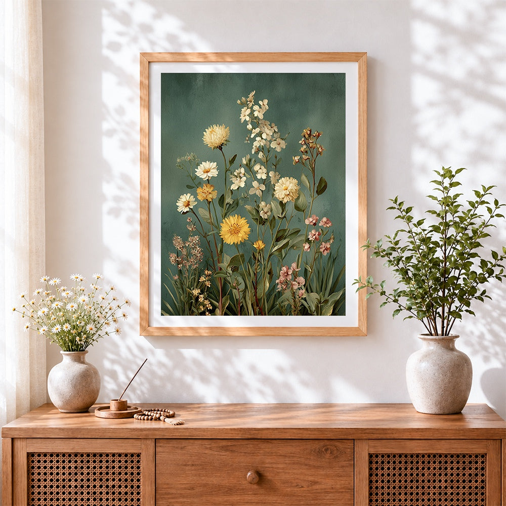 Finished vintage wildflowers on green background cross stitch artwork displayed