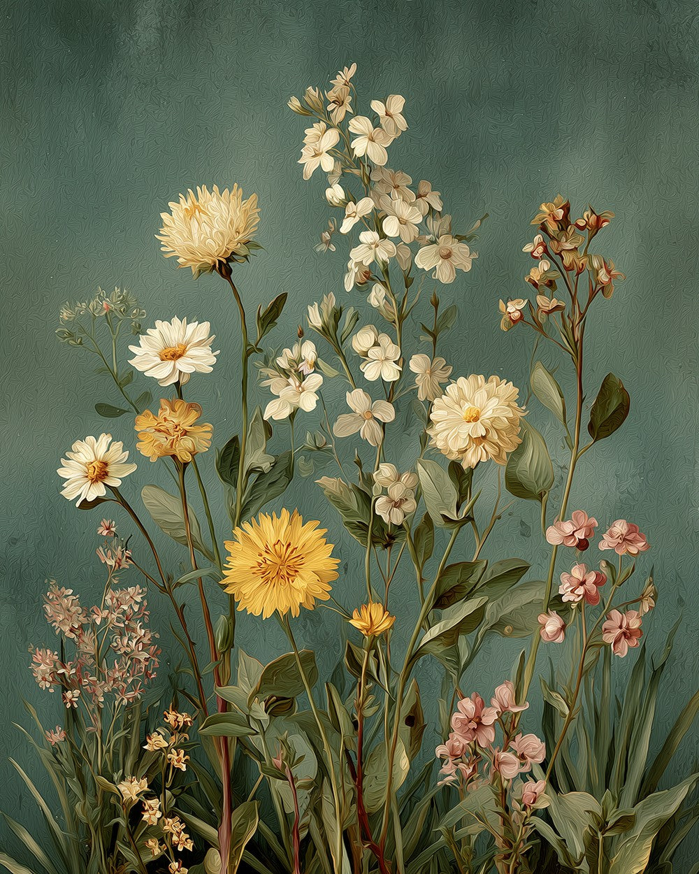 Vintage wildflowers on green background cross stitch kit for beginners