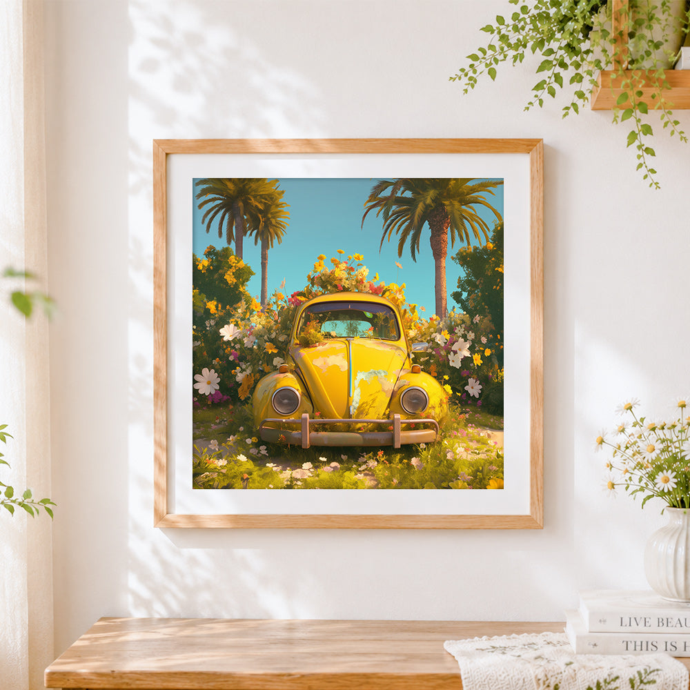 Finished vintage yellow car in flowers cross stitch artwork displayed