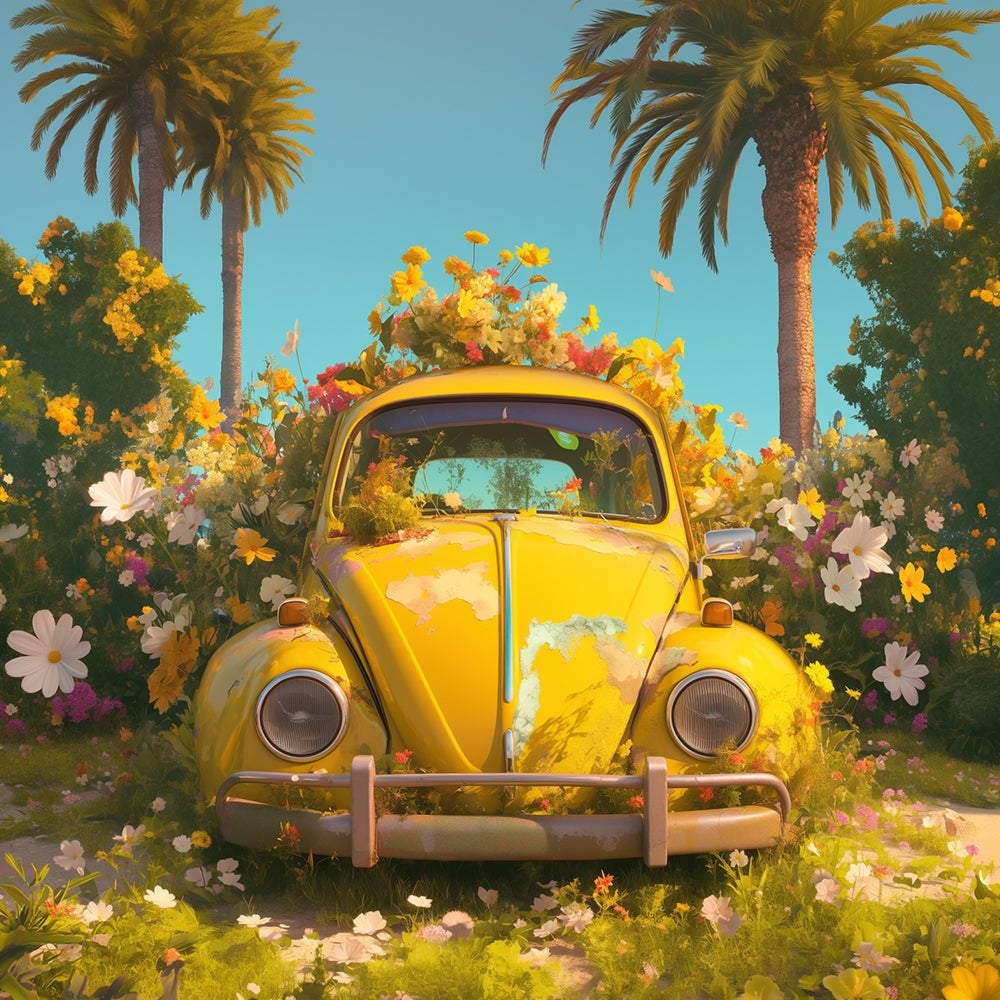 Vintage yellow car in flowers cross stitch kit for beginners