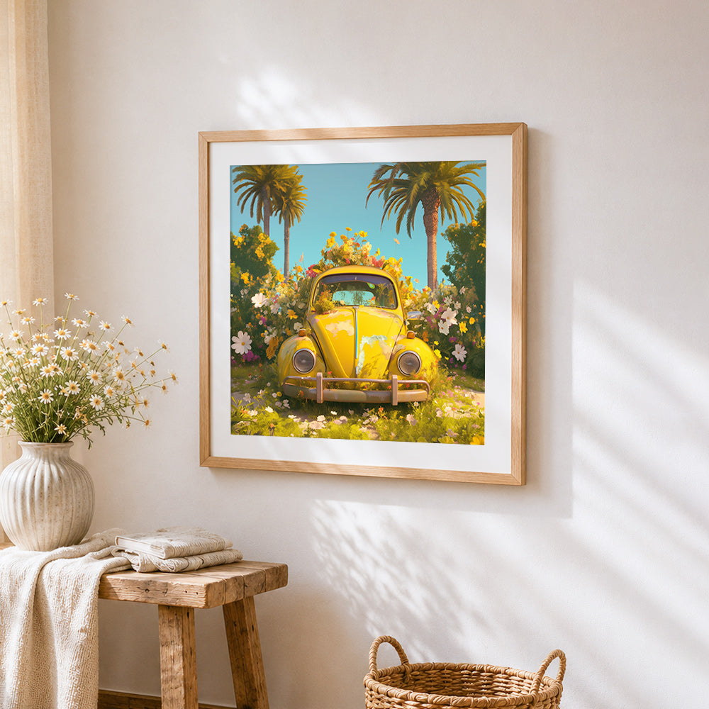 Vintage yellow car in flowers cross stitch artwork displayed on wall as home decor