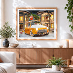 Finished vintage yellow car with christmas tree in snow paint by numbers artwork displayed as home decor