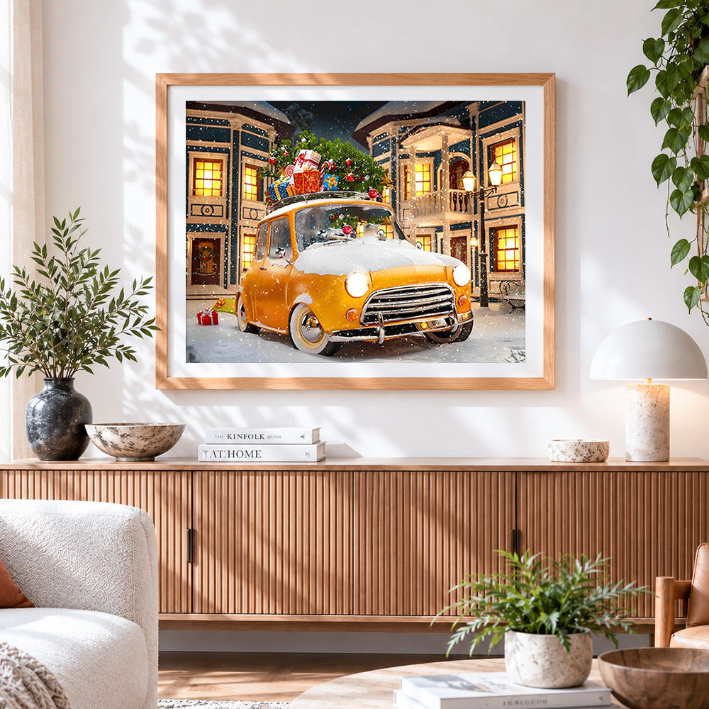 Finished vintage yellow car with christmas tree in snow paint by numbers artwork displayed as home decor