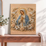 Finished virgin mary in prayer pearl diamond painting artwork displayed as home decor