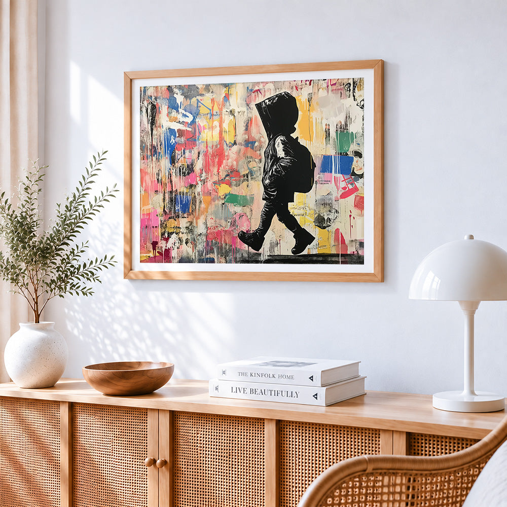 Walking boy graffiti cross stitch artwork displayed on wall as home decor