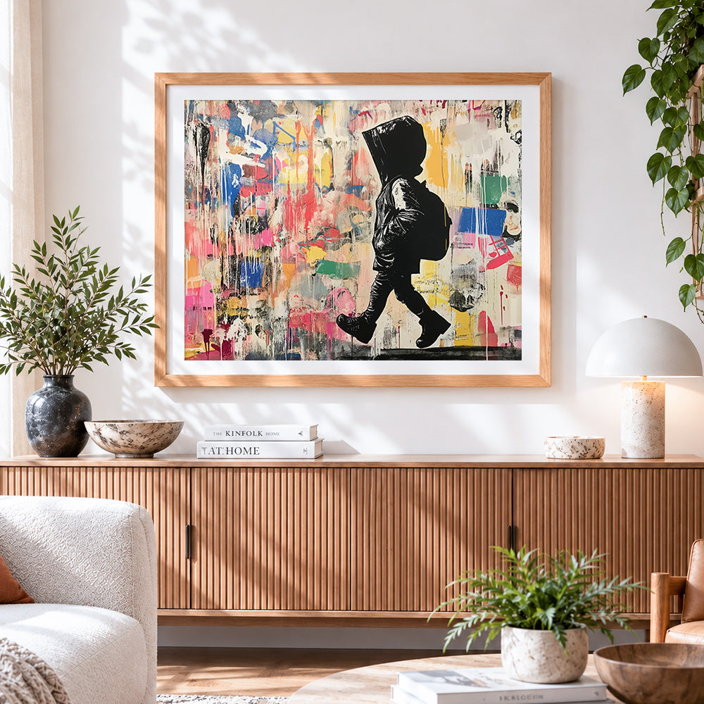 Finished walking boy graffiti paint by numbers artwork displayed as home decor