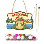 Warm drink frog scene paint by numbers door hanger with paints and brushes