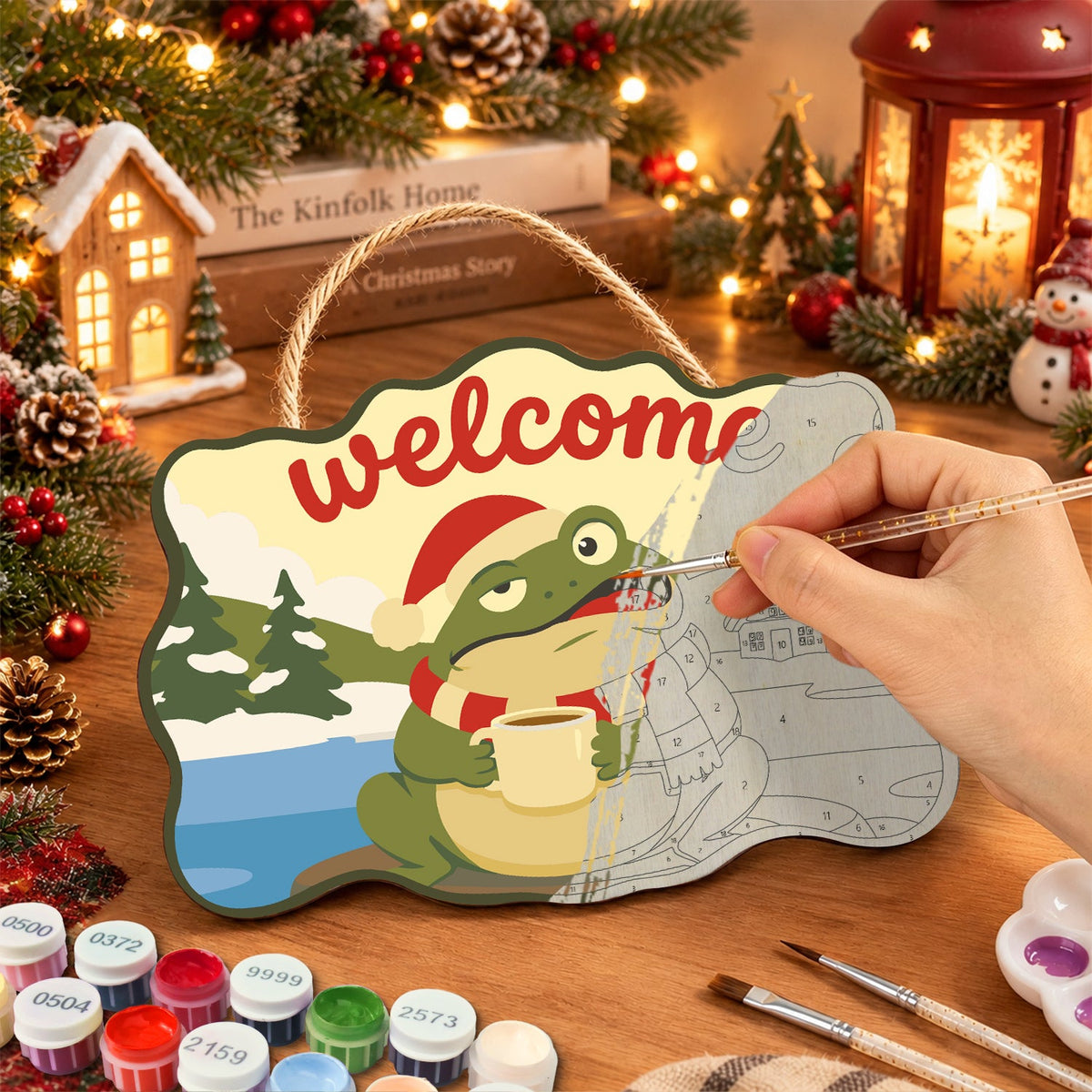 Warm drink frog scene paint by numbers door hanger painting process