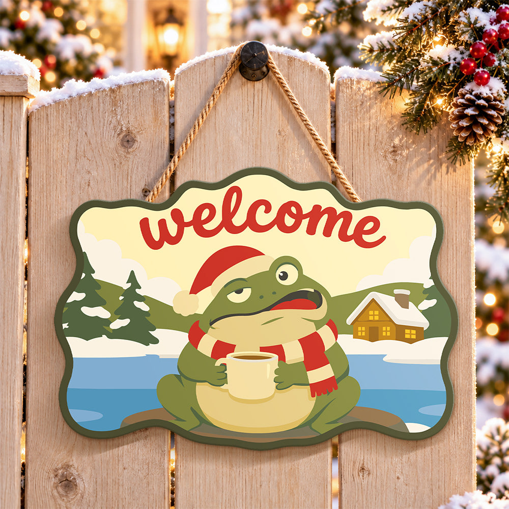 Warm drink frog scene paint by numbers door hanger on a garden gate