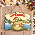 Warm drink frog scene paint by numbers door hanger on a garden gate