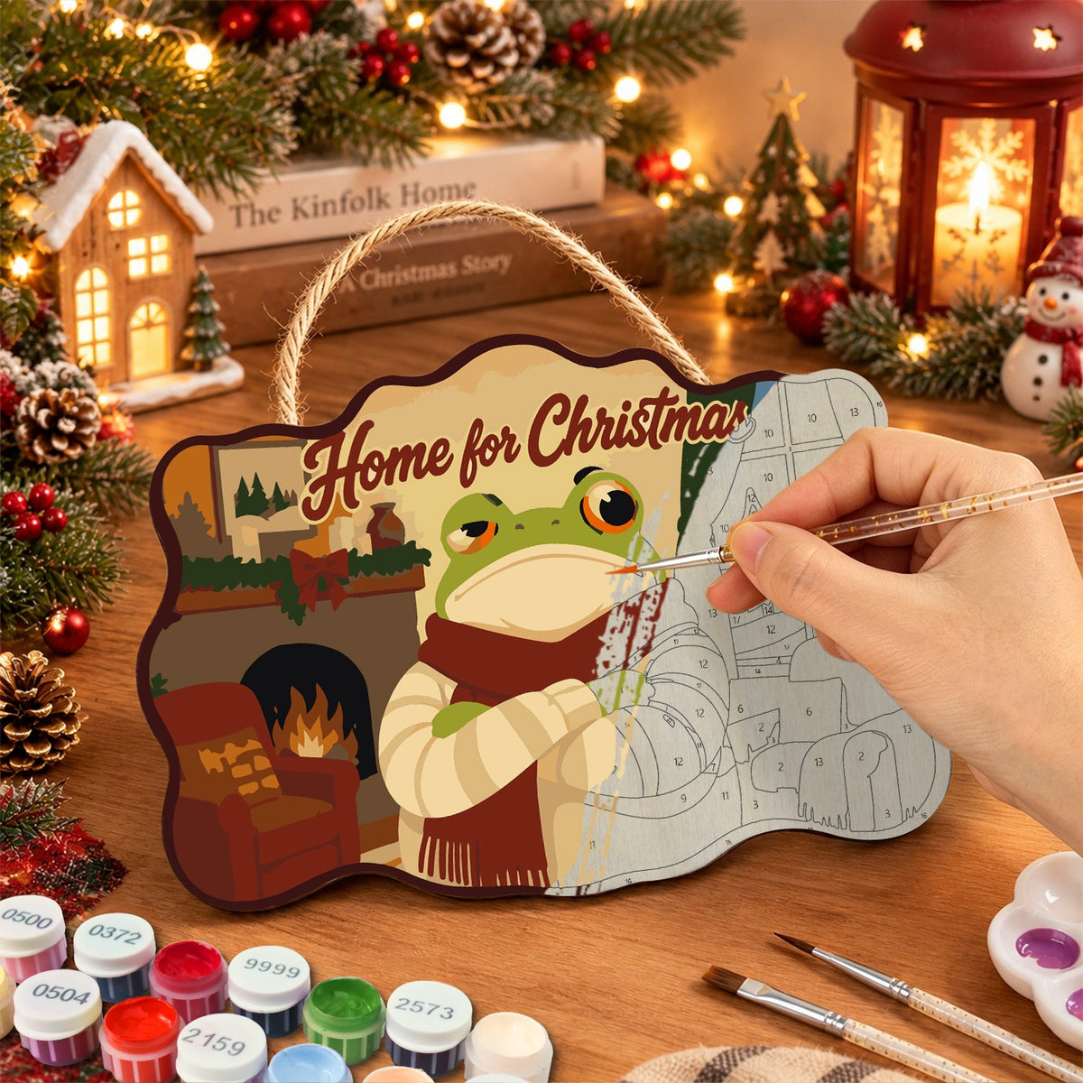 Warm indoor holiday paint by numbers door hanger painting process