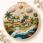 Warm sunlit village embroidery kit