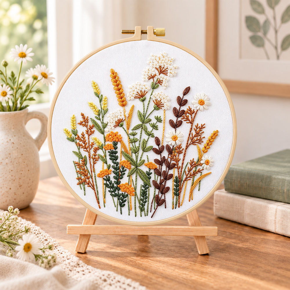 Warm tone dried florals embroidery kit finished hoop displayed on a wooden stand as cosy tabletop decor