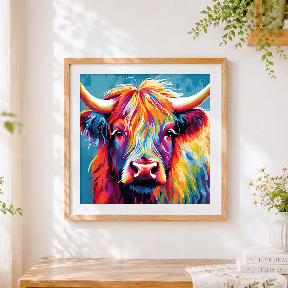 Finished warm toned highland cow cross stitch artwork displayed