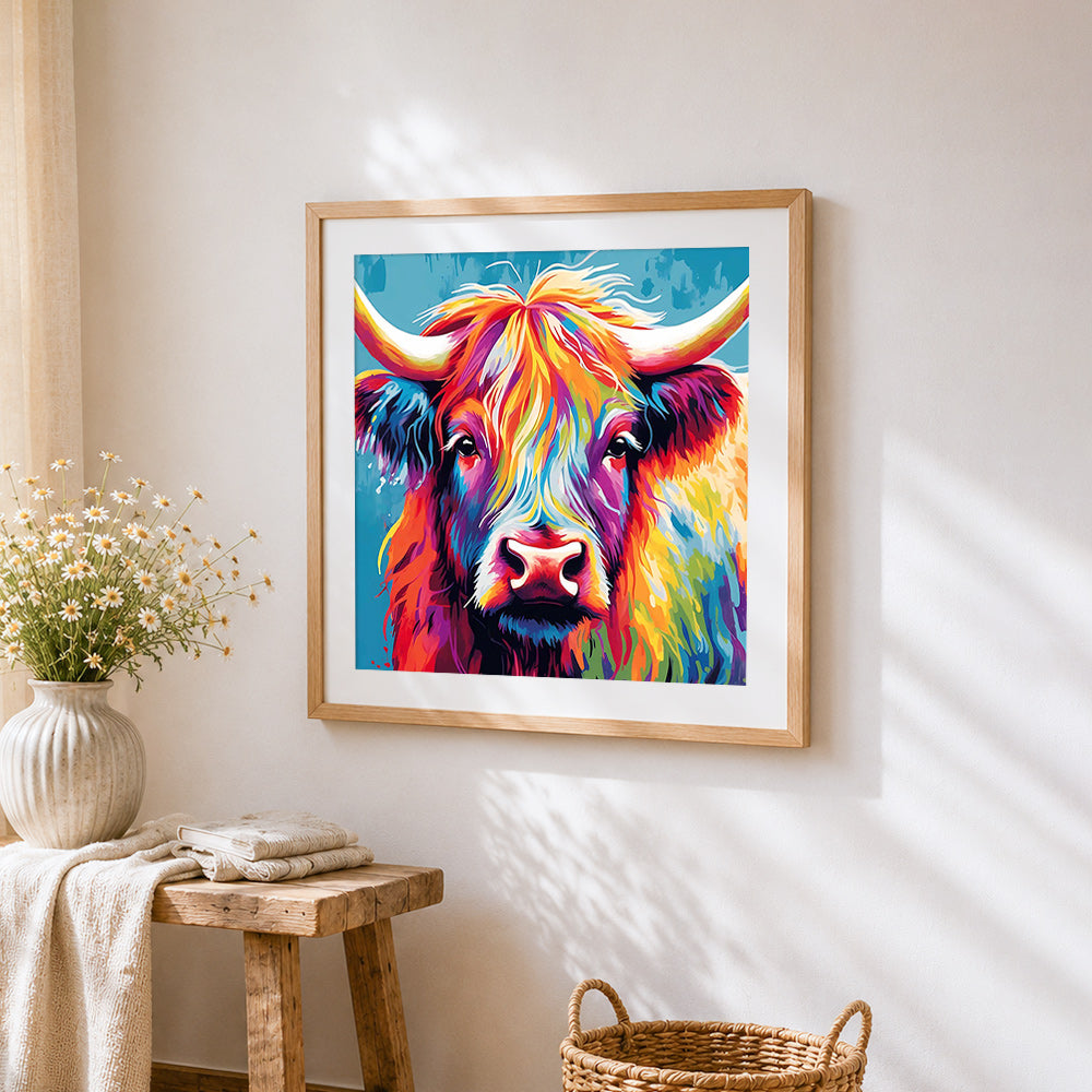 Warm toned highland cow cross stitch artwork displayed on wall as home decor