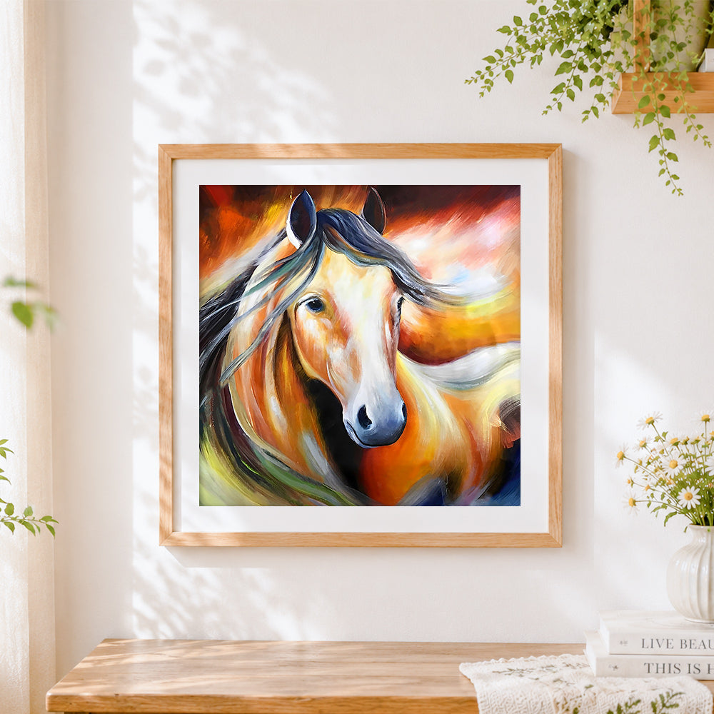 Finished warm tones horse portrait cross stitch artwork displayed