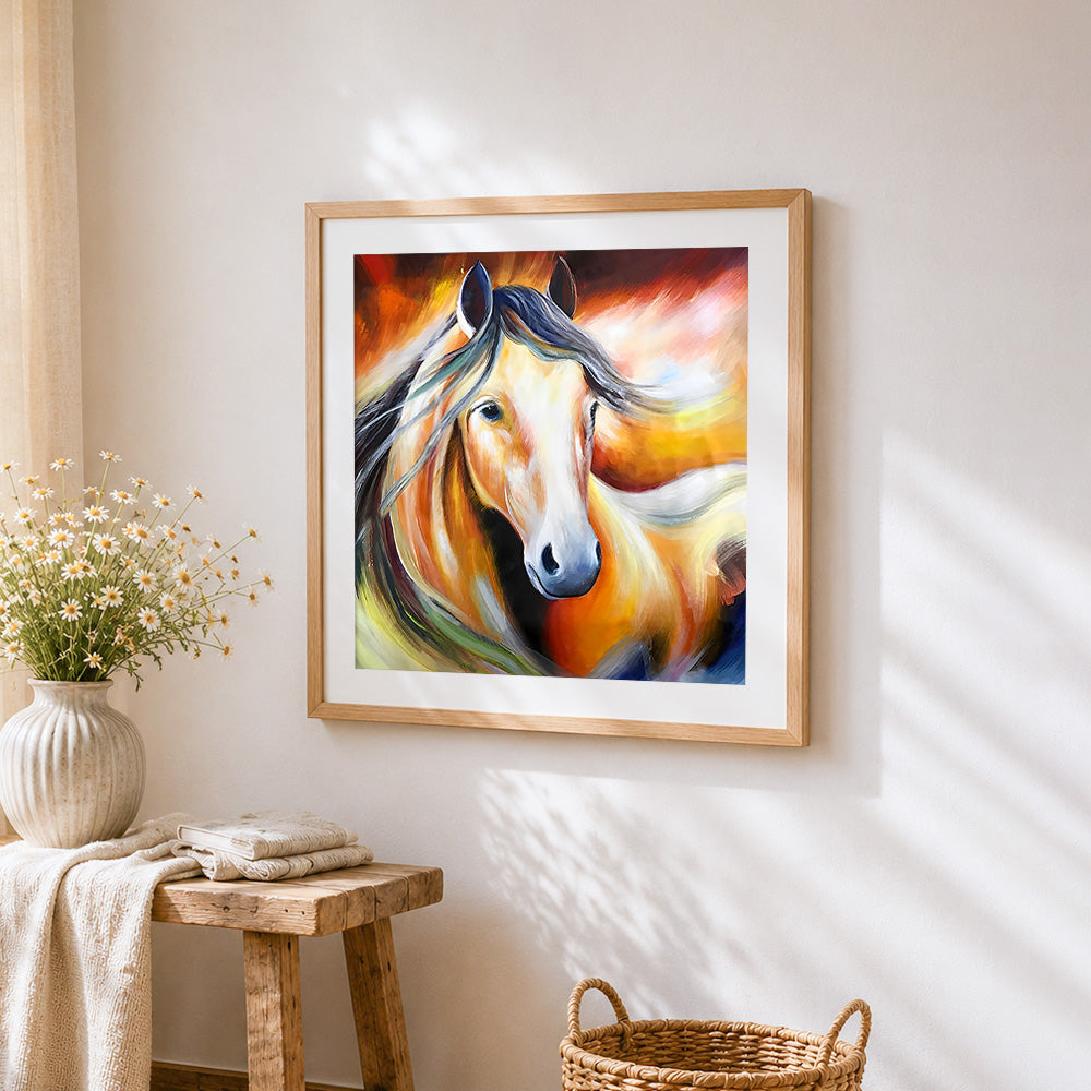 Warm tones horse portrait cross stitch artwork displayed on wall as home decor