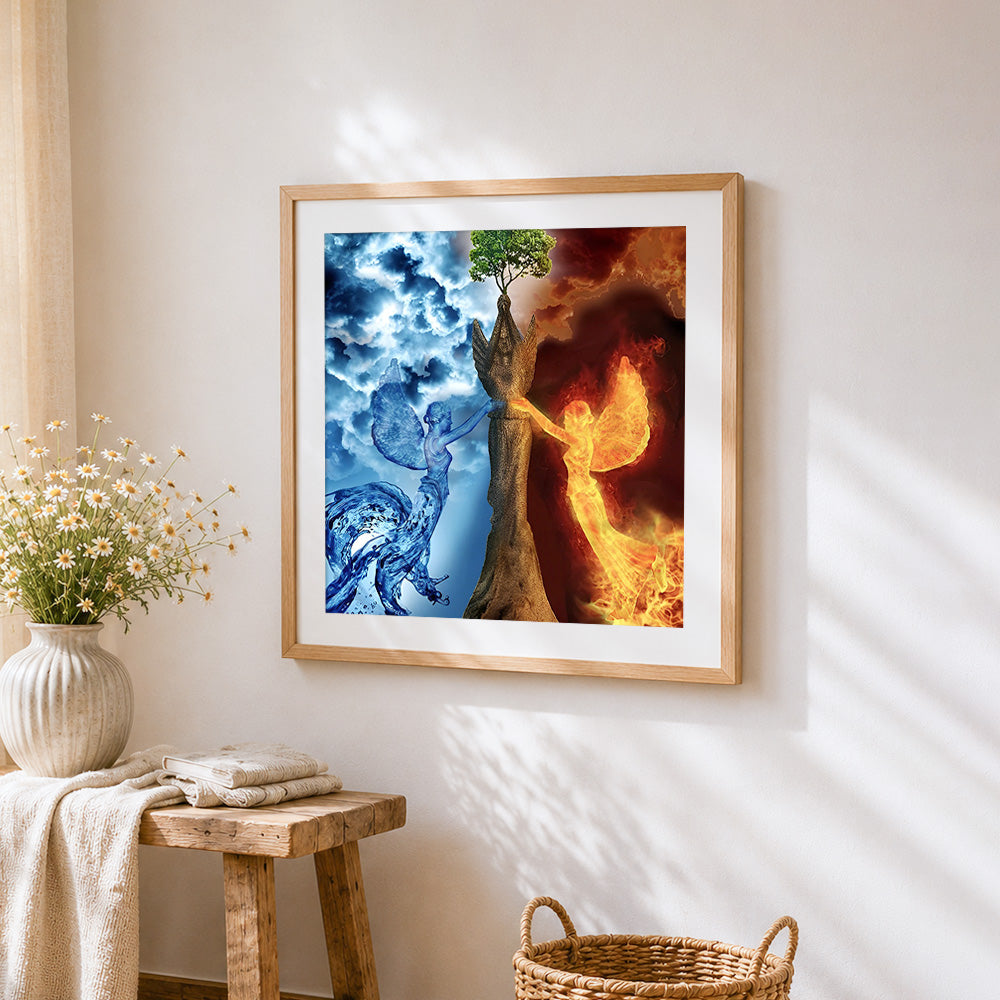 Water and fire angels cross stitch artwork displayed on wall as home decor