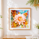 Finished water lily on colourful abstract background cross stitch artwork displayed