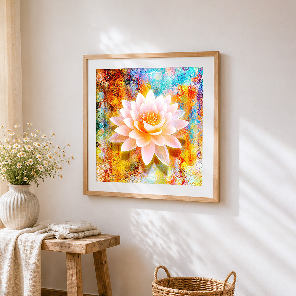 Water lily on colourful abstract background cross stitch artwork displayed on wall as home decor
