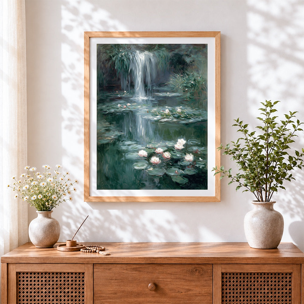 Finished water lily pond with waterfall cross stitch artwork displayed