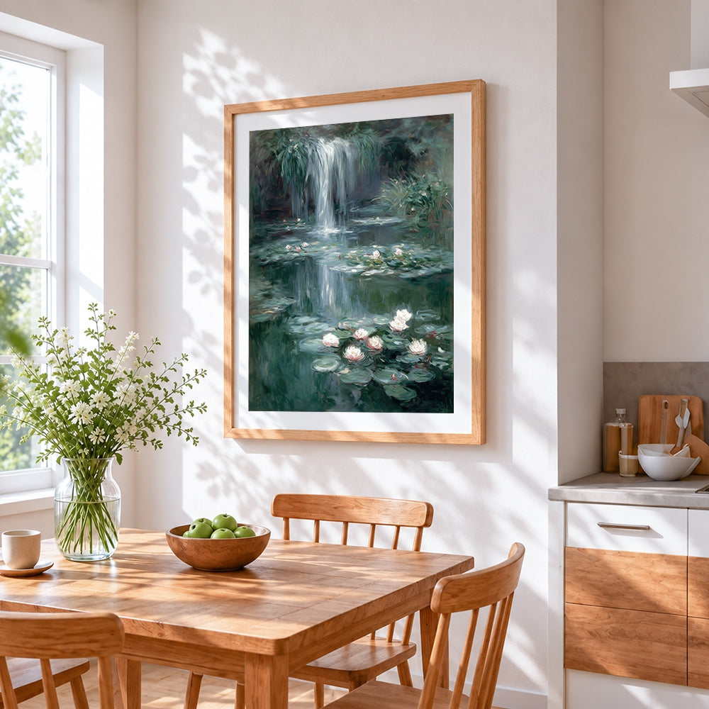 Water lily pond with waterfall cross stitch artwork displayed on wall as home decor