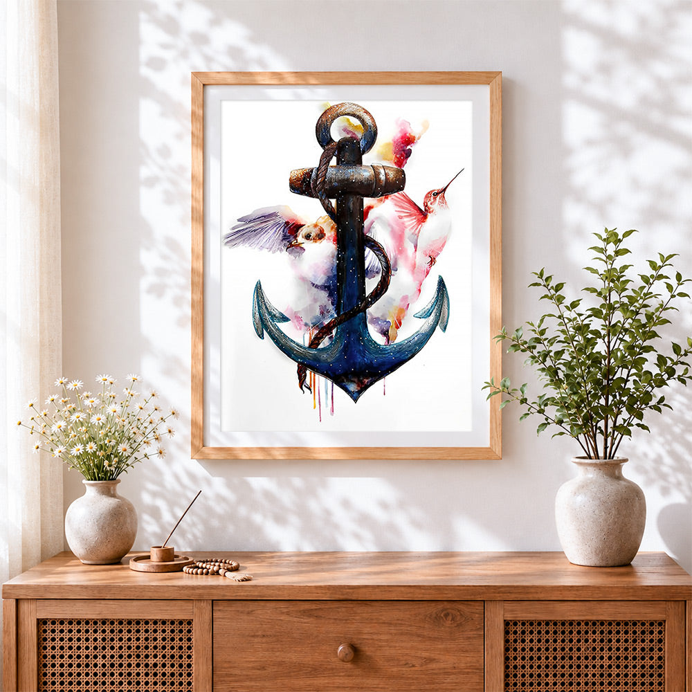 Finished watercolour anchor and birds cross stitch artwork displayed