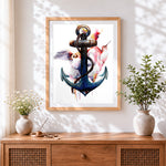 Finished watercolour anchor and birds paint by numbers artwork displayed as home decor