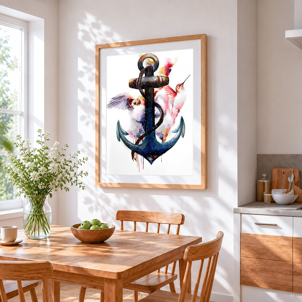 Watercolour anchor and birds paint by numbers artwork displayed on wall as home decor