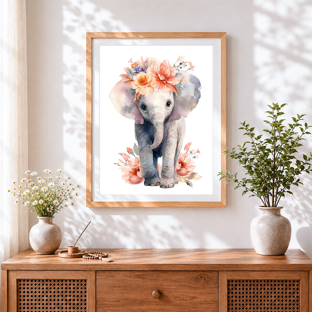 Finished watercolour baby elephant with floral crown cross stitch artwork displayed