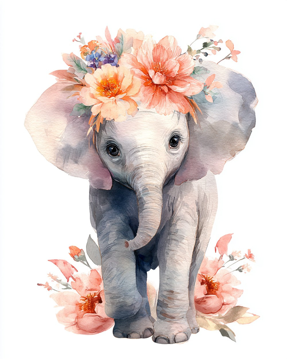 Watercolour baby elephant with floral crown cross stitch kit for beginners