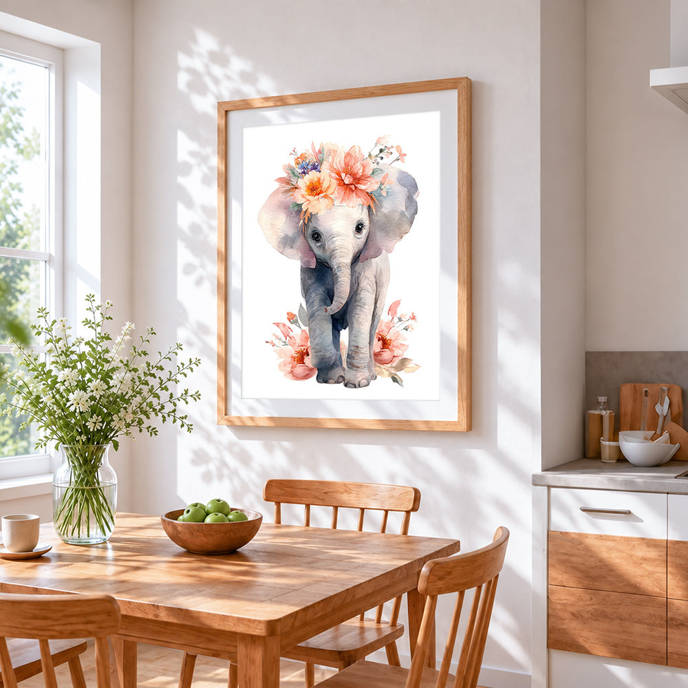 Watercolour baby elephant with floral crown cross stitch artwork displayed on wall as home decor