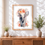 Finished watercolour baby elephant with floral crown paint by numbers artwork displayed as home decor