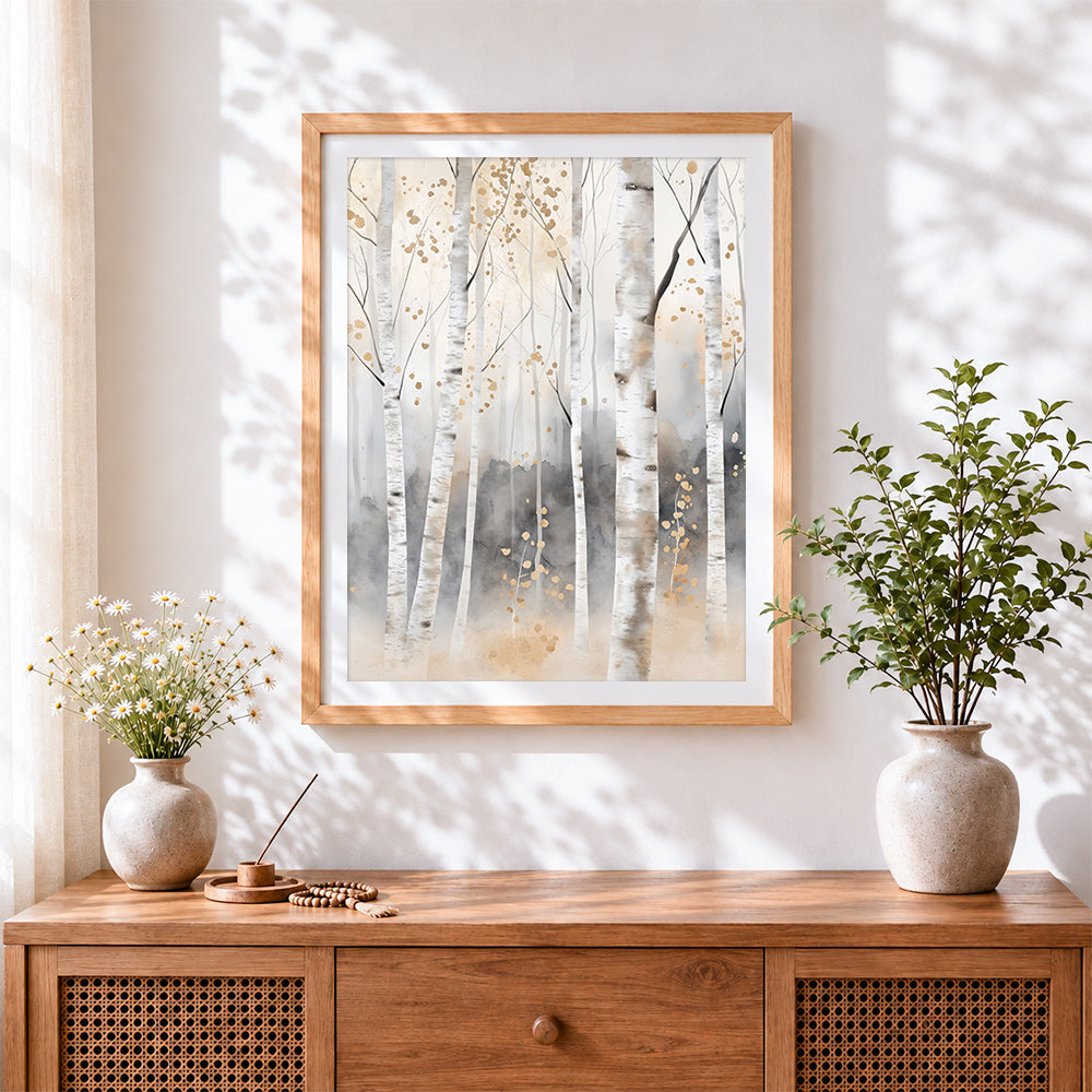 Finished watercolour birch forest with gold leaf cross stitch artwork displayed