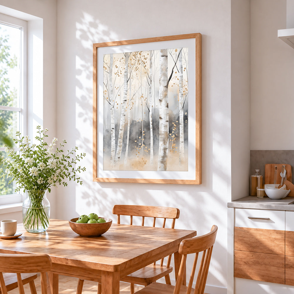 Watercolour birch forest with gold leaf cross stitch artwork displayed on wall as home decor