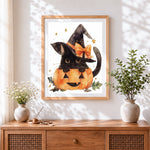 Finished watercolour black cat in pumpkin cross stitch artwork displayed