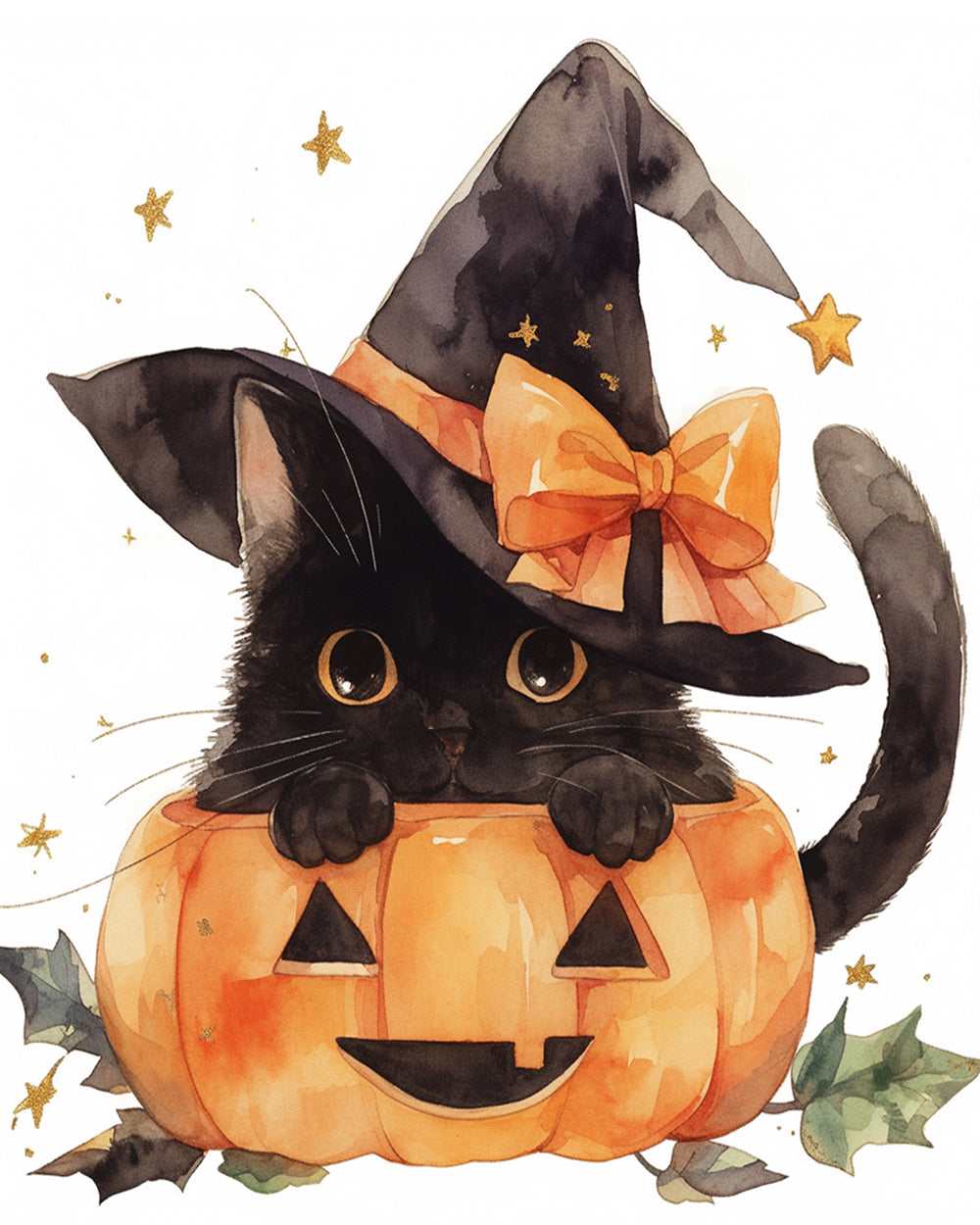 Watercolour black cat in pumpkin cross stitch kit for beginners