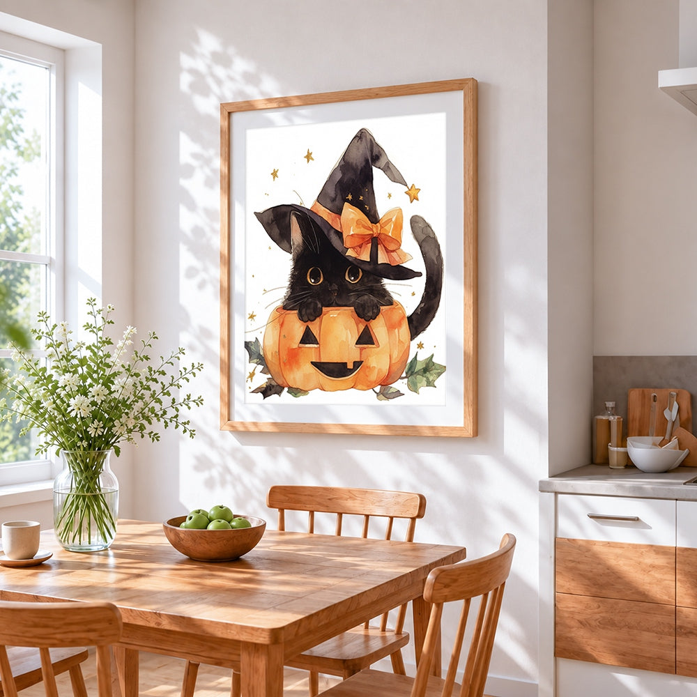 Watercolour black cat in pumpkin cross stitch artwork displayed on wall as home decor