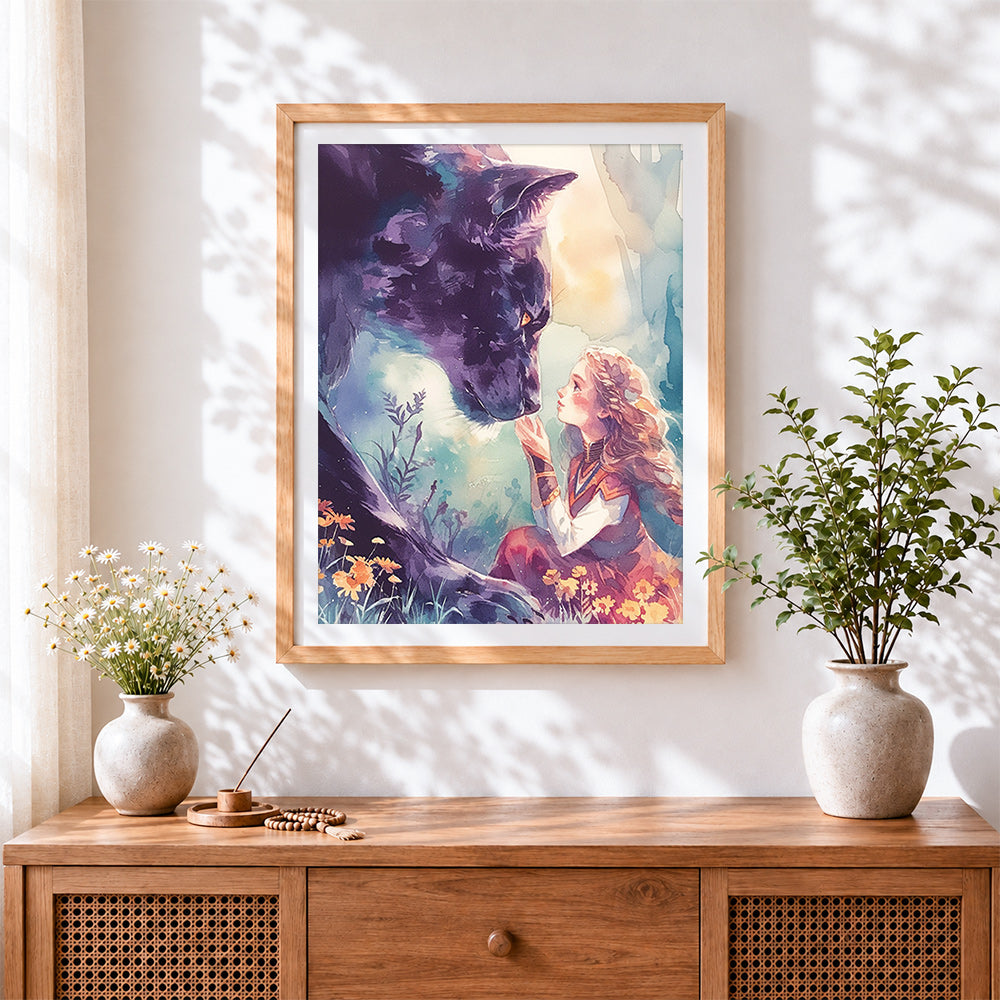 Finished watercolour black panther and girl cross stitch artwork displayed