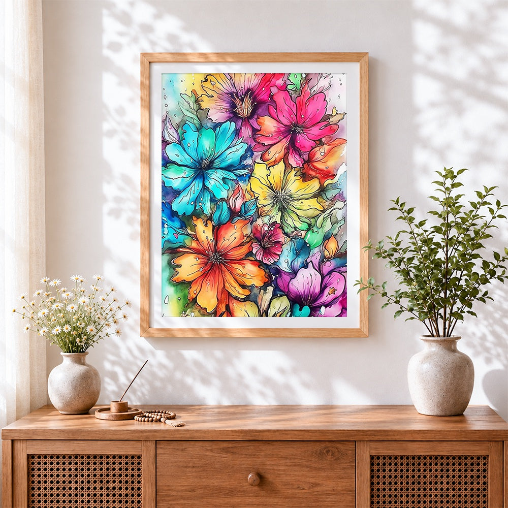 Finished watercolour blooms cross stitch artwork displayed