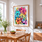 Watercolour blooms cross stitch artwork displayed on wall as home decor