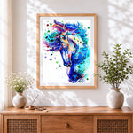 Finished watercolour blue horse cross stitch artwork displayed