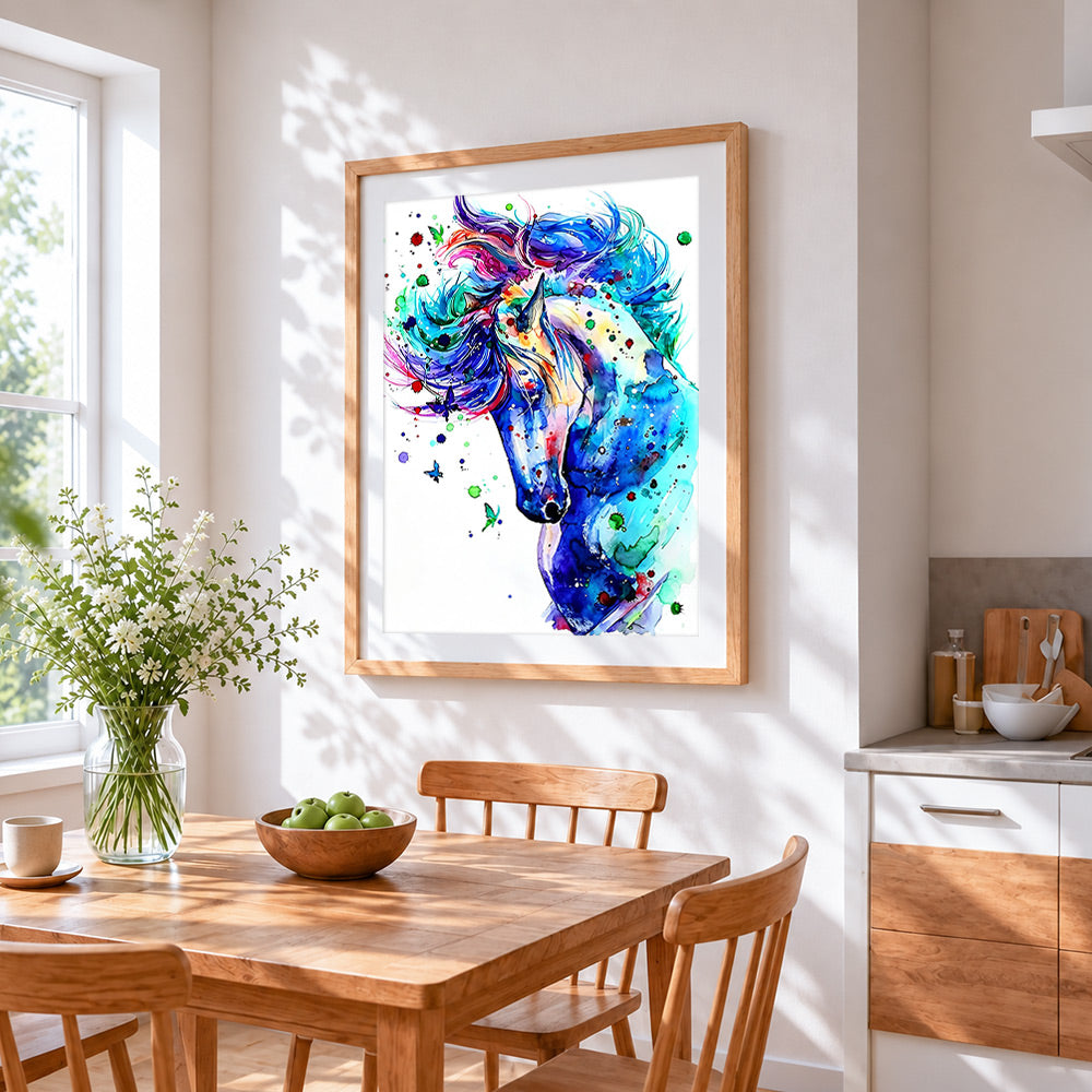 Watercolour blue horse cross stitch artwork displayed on wall as home decor