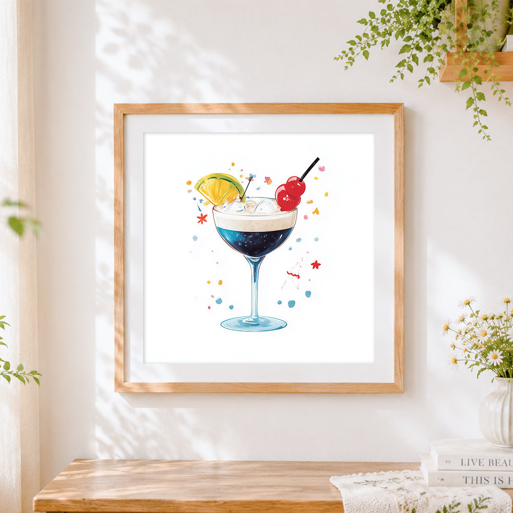 Finished watercolour blue lagoon cocktail cross stitch artwork displayed
