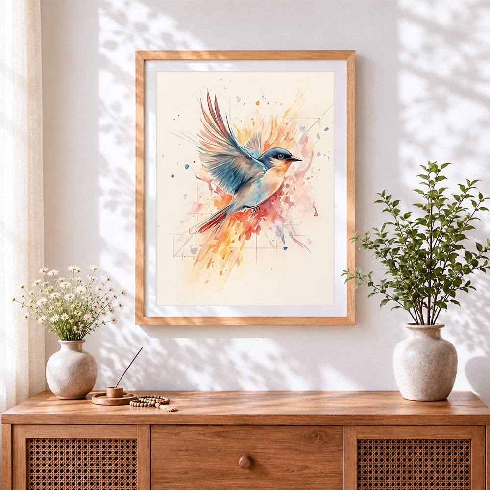 Finished watercolour bluebird in flight cross stitch artwork displayed