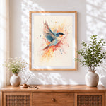Finished watercolour bluebird in flight cross stitch artwork displayed
